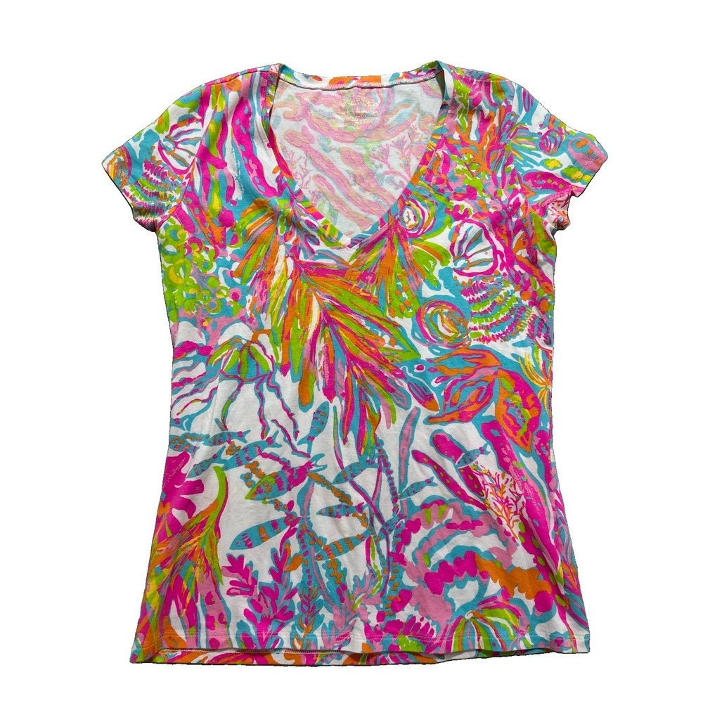 Lilly Pulitzer Women's S Scuba to Cuba Michele Top T-shirt V-Neck Coral Cotton